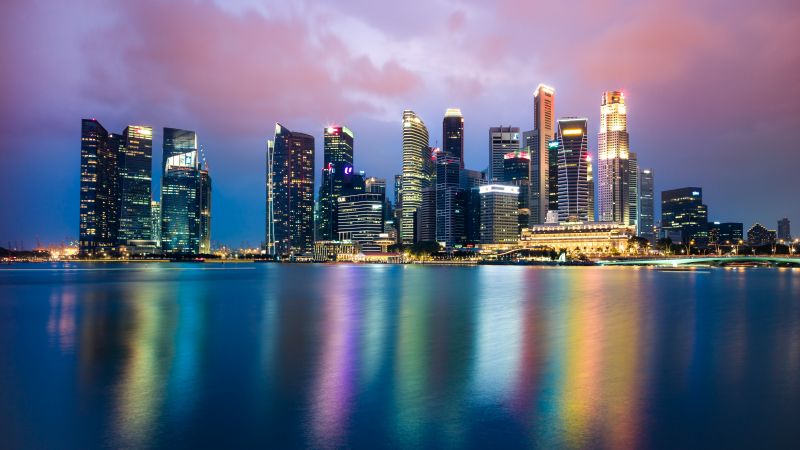 Singapore, Cityscape, Buildings, Skyscrapers, Reflection, Body of Water, Night, City lights, Skyline, Colorful, 5K, Wallpaper