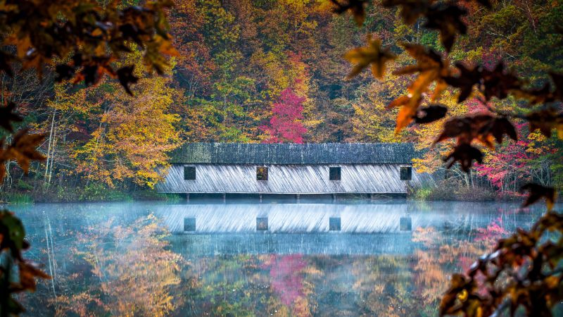 Cambron Covered Bridge, Huntsville, Alabama, Reflection, River, Autumn, Trees, 5K, 8K, Wallpaper