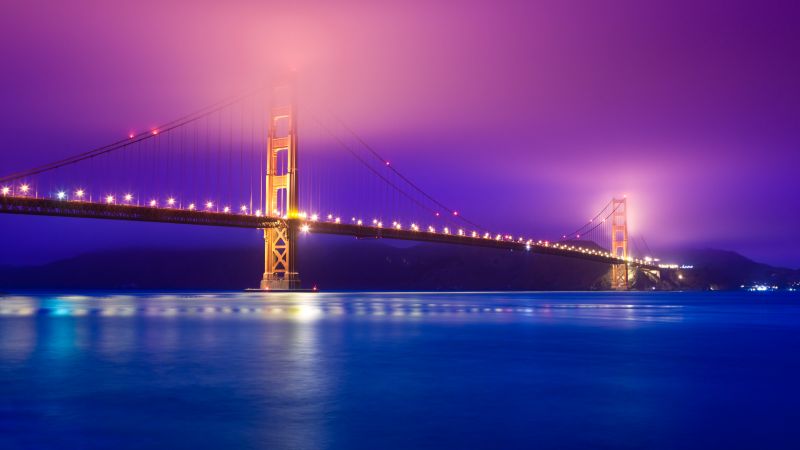 Golden Gate Bridge, San Francisco, California, Scenic, Pink sky, Blue, Body of Water, Pacific Ocean, Night lights, Reflection, Aesthetic, 5K, Wallpaper