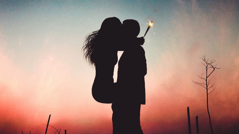 Couple, Romantic kiss, Silhouette, Sunset, Pair, Together, Romance, First kiss, Sparklers, Crescent Moon, Backlit, Wallpaper
