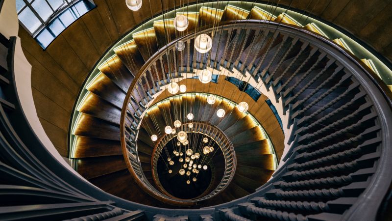 Wooden stairs, Spiral staircase, Hanging lights, Chandelier, Modern lighting, Wallpaper