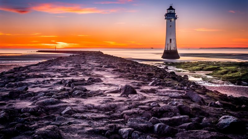 Lighthouse, Beach, Rocky coast, Sunset, Blue hour, Wallpaper