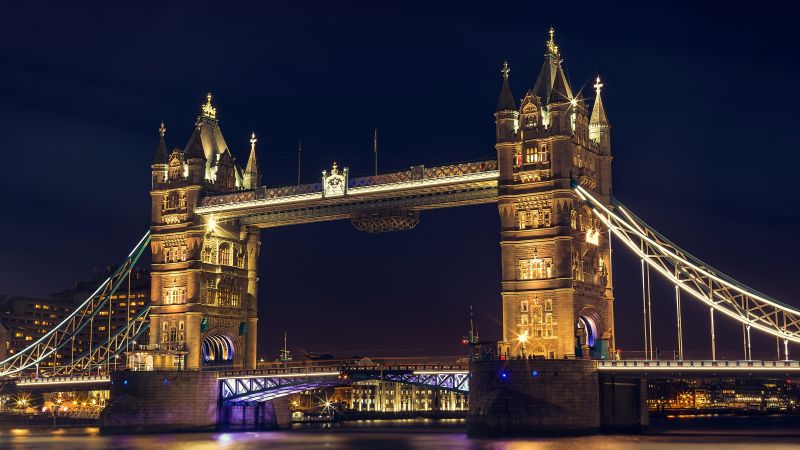 London Bridge, United Kingdom, River Thames, Night time, Ancient architecture, Tourist attraction, Dusk, Tower Bridge, Historical landmark, City life, Dark Sky, 5K, Wallpaper