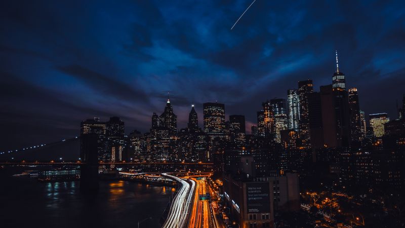 New York City, United States, Cityscape, Night time, City lights, Metropolitan, Dark background, Skyscrapers, Light trails, Dark clouds, Blue Sky, 5K, Wallpaper