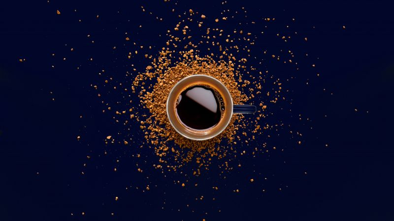 Coffee cup, Instant Coffee, Blue background, Ceramic mug, Top View, 5K, Wallpaper