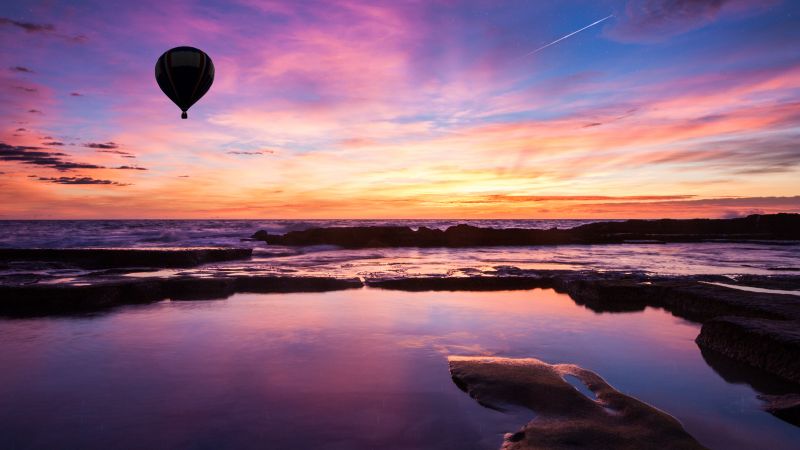 Hot air balloon, Sunset, Silhouette, Water, Landscape, Dusk, Orange sky, Star trail, Wallpaper