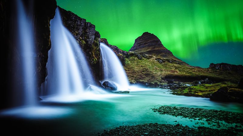 Kirkjufell, Aurora Borealis, Northern Lights, Iceland, Mountain, Waterfalls, Landscape, Water Stream, Long exposure, Dusk, Green Sky, Scenery, 5K, Wallpaper