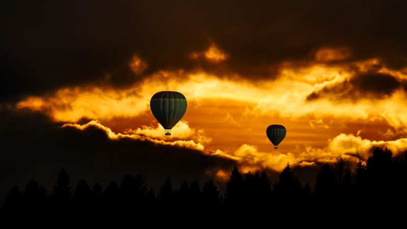 Hot air balloons, Sunset, Flying, Travel, Vacation, Dusk, Adventure, Dark clouds, Dark background, 5K, 8K, Wallpaper