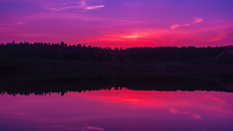 Purple sky, Sunset, Body of Water, Lake, Reflection, Horizon, Silhouette, Beauty in Nature, Gradient background, Scenery, Vibrant, Dusk, Golden hour, 5K, Wallpaper