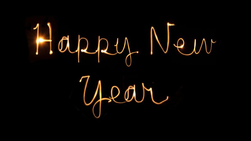Happy New Year, Black background, New Year's Eve, Greetings, Holidays, January, Golden letters, Hand Written, Sparklers, 5K, 8K, Wallpaper