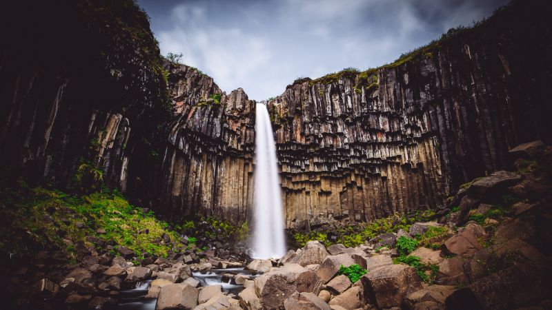 Svartifoss waterfall, Vatnajökull National Park, Lava columns, Rocks, Cliff, Iceland, 5K, Wallpaper