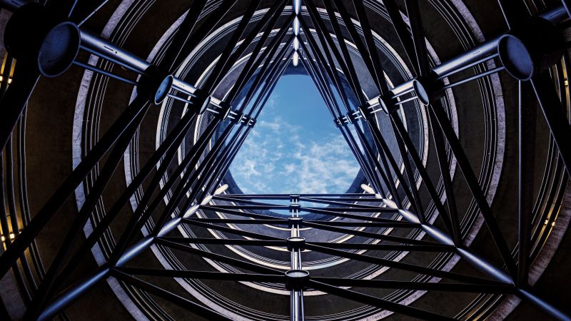 Multistorey car park, Looking up at Sky, Symmetrical, Pattern, Blue Sky, Circular, Structure, 5K, Wallpaper