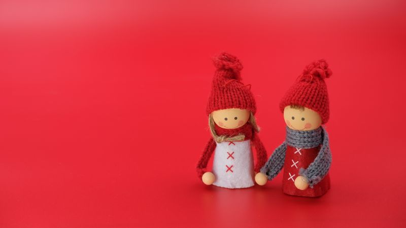 Figures, Man, Woman, Christmas decoration, Red background, Closeup, Art and Crafts, Beautiful, Doll, Cute dolls, 5K, Wallpaper