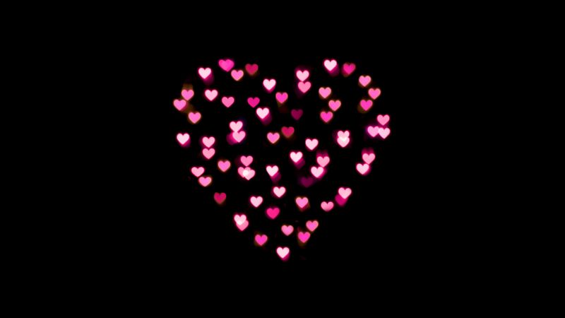 Love heart, Pink hearts, Lights, Night, Black background, 5K, Wallpaper