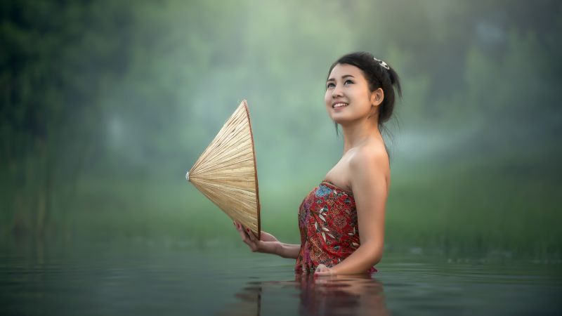 Asian Girl, Teen, Lake, Pond, Bath time, Portrait, Smiling, Thailand, 5K, 8K, Wallpaper