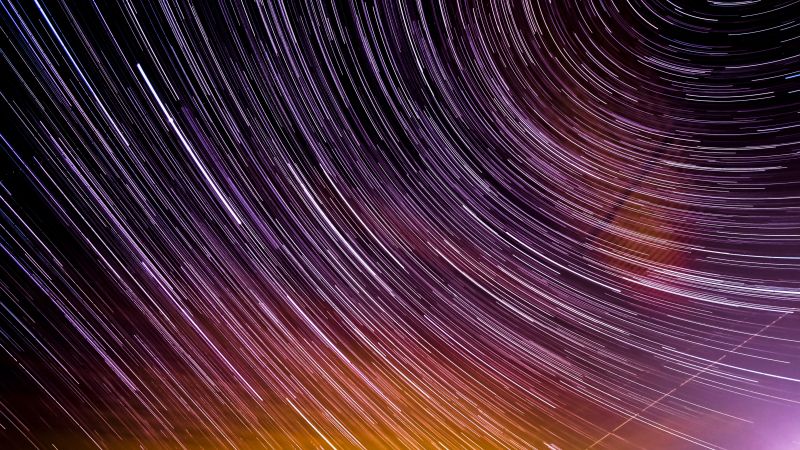 Star Trails, Timelapse, Astronomy, Outer space, Pattern, Night sky, Long exposure, Science, Purple light, 5K, Wallpaper