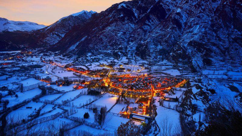 Spanish village, Benasque, Town, Winter, Pyrenees, Mountains, Night, Snow covered, 5K, 8K, Wallpaper