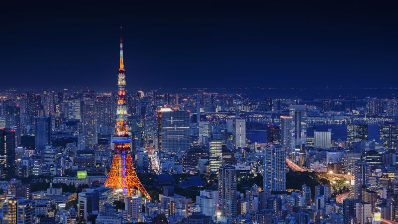 Tokyo Tower, Japan, Metal structure, Cityscape, City lights, Night time, Landmark, Skyscrapers, Dark blue, Wallpaper