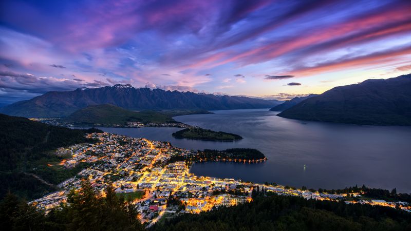 Bob's Peak, Ben Lomond, New Zealand, Queenstown, Lake Wakatipu, Sunset, Landscape, Mountain range, City lights, Wallpaper