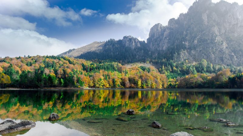 Langbathseen, Austria, Mirror Lake, Reflection, Mountain, Autumn trees, Clear water, Landscape, Scenery, 5K, Wallpaper