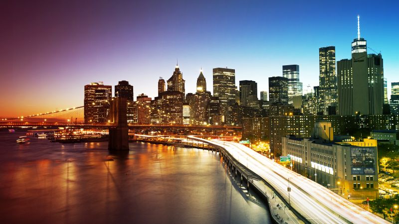 Manhattan Bridge, New York City, Cityscape, City lights, Skyline, Body of Water, Long exposure, Colorful Sky, Gradient, Skyscrapers, Wallpaper