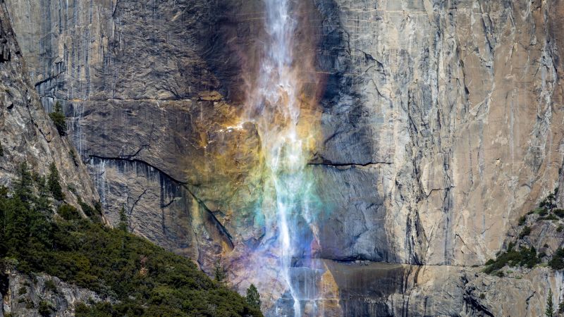 Yosemite Falls, Yosemite National Park, California, Cliff, Waterfalls, Colorful, Rainbow colors, Tourist attraction, 5K, Wallpaper