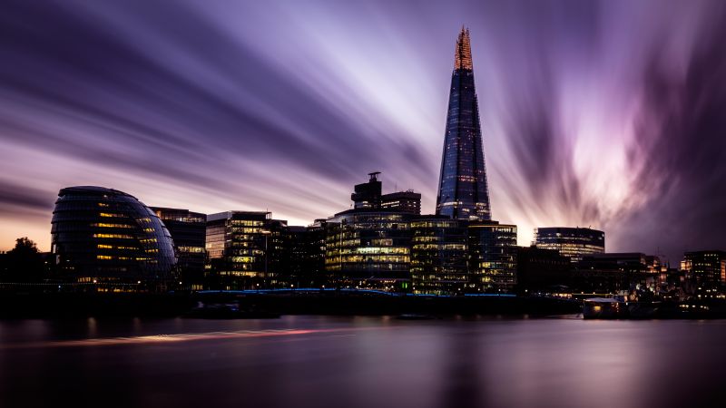 The Shard, London, England, Landmark, Cityscape, City lights, Skyscrapers, River Thames, City Hall, Skyline, Long exposure, Sunset, Purple sky, Wallpaper
