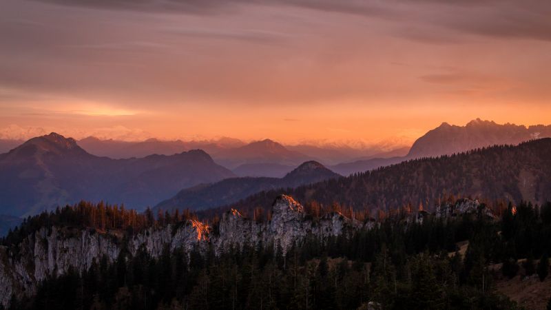 Alpenglow, Sunrise, Mountain range, Glacier mountains, Green Trees, Landscape, Wallpaper