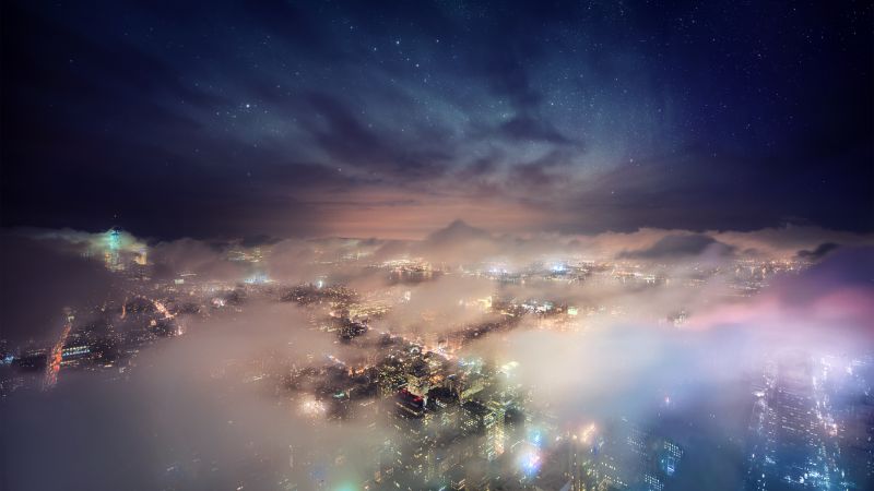 New York City, Cityscape, City lights, Aerial view, Skyline, Long exposure, Clouds, Starry sky, Skyscrapers, Digital composition, Wallpaper