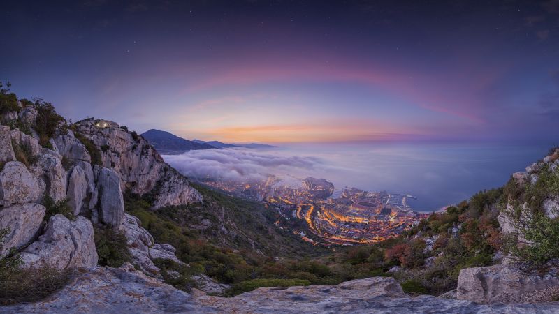 Monaco City, Aerial view, Sunrise, Foggy, Cityscape, City lights, Landscape, Purple sky, Long exposure, Mountains, Wallpaper