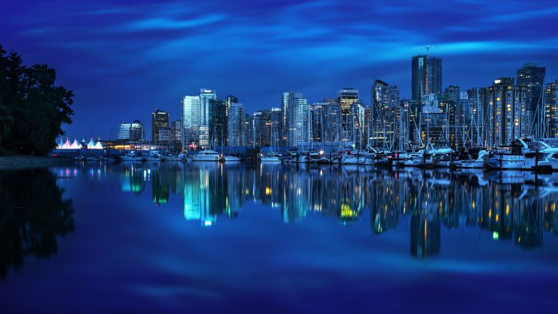 Coal Harbour, Vancouver City, Canada, Cityscape, Body of Water, Reflection, Blue background, Skyscrapers, City lights, Dusk, Boats, Skyline, Wallpaper