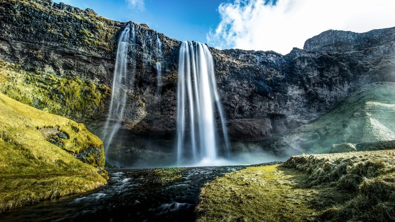 Seljalandsfoss, Waterfalls, Iceland, Water Stream, Cliff, Green Moss, Long exposure, Landscape, Scenery, Blue Sky, Wallpaper