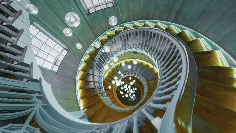 Spiral staircase, Chandelier, Wooden stairs, 5K, 8K, Wallpaper