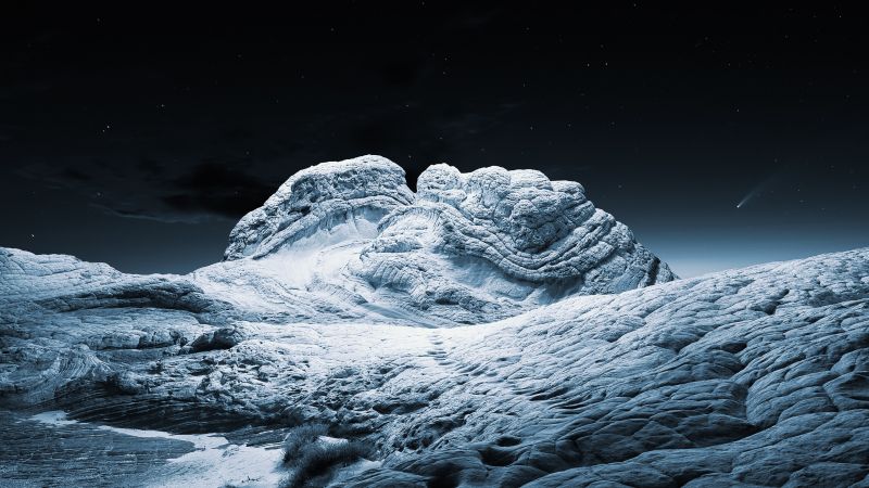 macOS Big Sur, Stock, Cold, Winter, Sedimentary rocks, Night, Starry sky, iOS 14, 5K, Wallpaper
