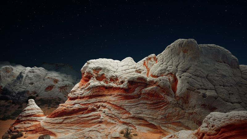 macOS Big Sur, Stock, Night, Sedimentary rocks, Desert, Starry sky, Dark, iOS 14, 5K, Wallpaper