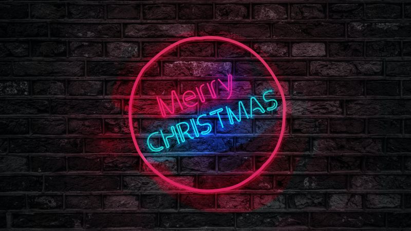 Merry Christmas, Neon, Brick wall, Dark, Colorful, Neon sign, 5K, Wallpaper
