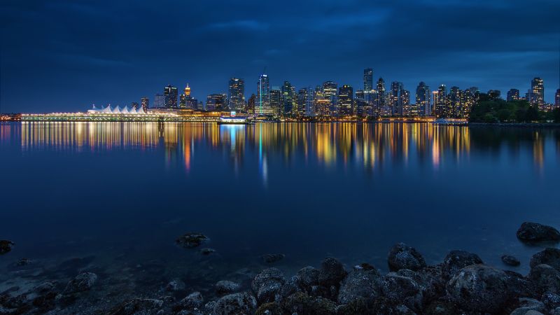 Vancouver City, Canada, Body of Water, Cityscape, City lights, Blue Sky, Night time, Skyscrapers, Reflection, Skyline, Long exposure, Wallpaper