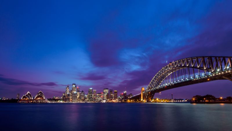 Sydney Harbour Bridge, Sydney Opera House, Metal structure, Australia, Cityscape, City lights, Purple sky, Skyscrapers, Night time, Body of Water, Dusk, 5K, Wallpaper