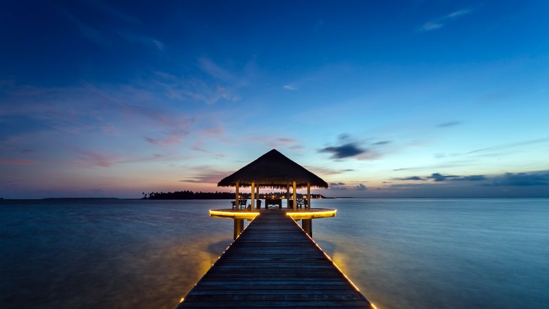 Kihaadhuffaru Island, Maldives, Water Villa, Wooden pier, Seascape, Body of Water, Blue Sky, Landscape, Scenic, Long exposure, Sunset, Tropical, Horizon