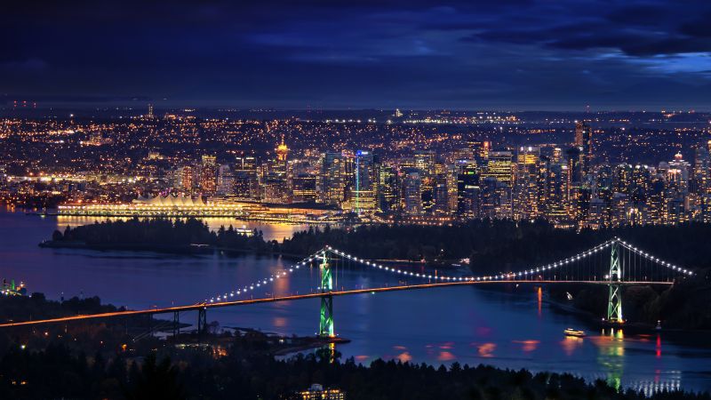 Lions Gate Bridge, Vancouver City, Canada, Cityscape, City lights, Night time, Horizon, Dark Sky, Long exposure, Suspension bridge, Wallpaper