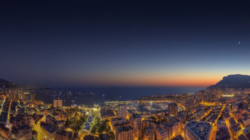 Monaco Yacht Show, Cityscape, City lights, Night time, Ocean, Seascape, Sunset, Crescent Moon, Starry sky, Wallpaper