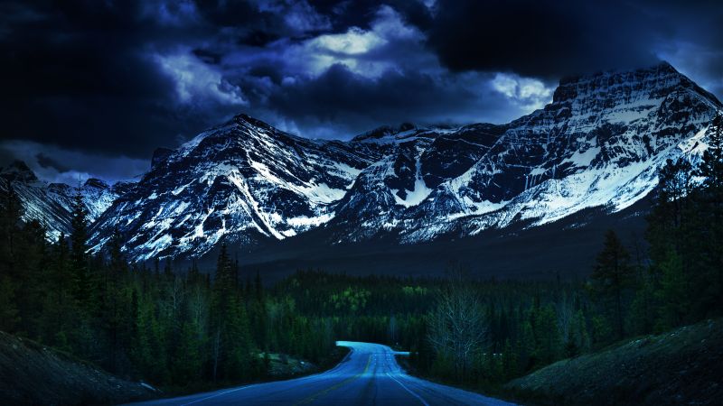 Icefields Parkway, Canadian Rockies, Dusk, Dark clouds, Stormy, Empty Road, Glacier mountains, Snow covered, Green Trees, Landscape, Scenery, Wallpaper
