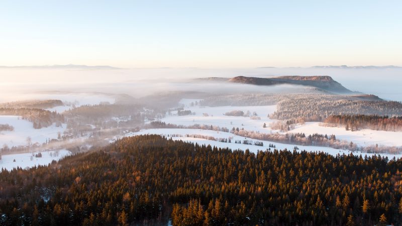Stolowe Mountains National Park, Foggy, Mist, Landscape, Winter, Poland, 5K, Wallpaper