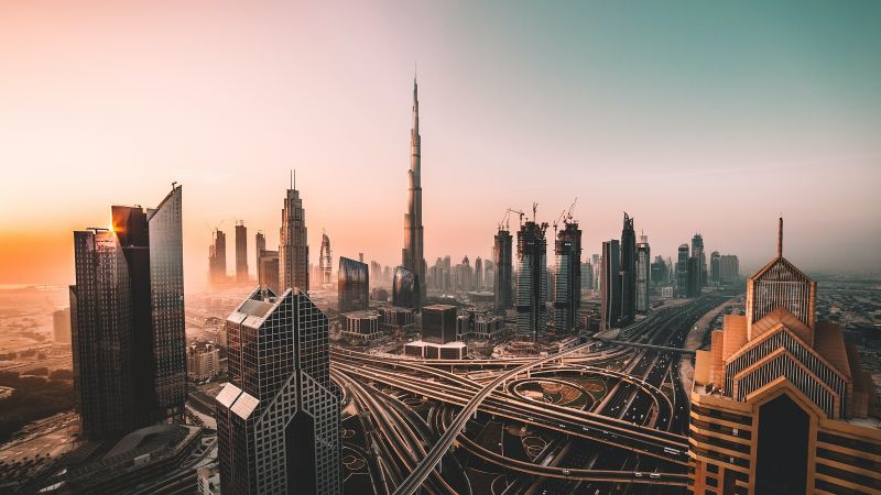 Burj Khalifa, Aerial view, Dubai, United Arab Emirates, Sunrise, Highway junction, Skyscrapers, High rise building, Modern architecture, Cityscape, Wallpaper