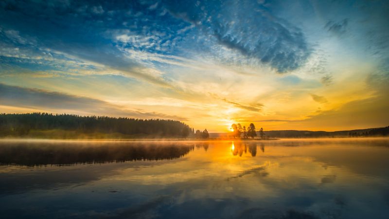Sunrise, Yellowstone National Park, Mirror Lake, Body of Water, Misty, Clouds, Morning light, Reflection, 5K, Wallpaper