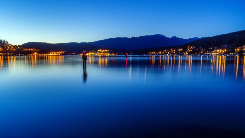 Burrard Inlet, Fjord, Canada, British Columbia, Port Moody, City lights, Seascape, Dusk, Landscape, Reflection, Long exposure, Blue Sky, Body of Water, Wallpaper