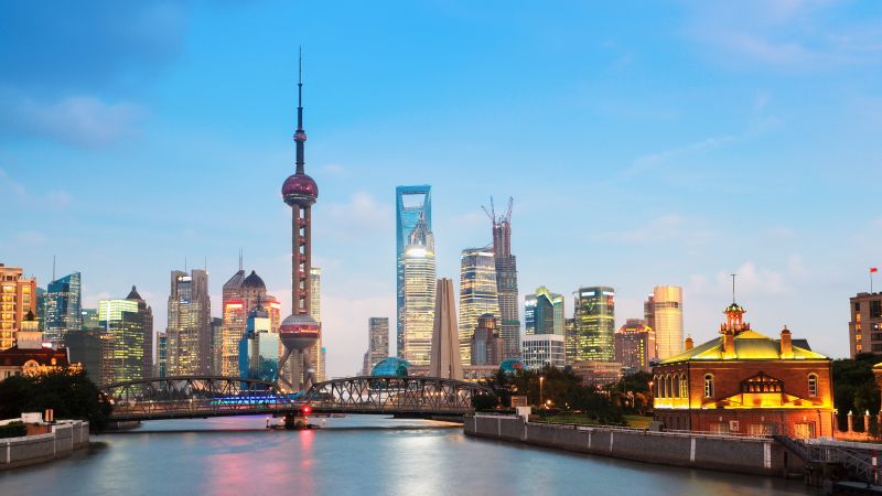 Waibaidu Bridge, Oriental Pearl Tower, Shanghai, China, Huangpu River, Cityscape, City lights, Skyscrapers, Skyline, Body of Water, Blue Sky, Tourist attraction, Landmark, 5K, Wallpaper