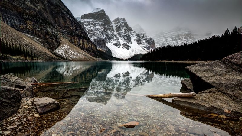 Moraine Lake, Canada, Reflection, Landscape, Snow covered, Glacier mountains, Foggy, Rocks, Clear water, Mirror Lake, 5K, Wallpaper