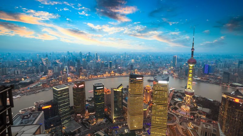 Shanghai City, Aerial view, China, Cityscape, Skyline, Sunset, Skyscrapers, High rise building, Oriental Pearl Tower, Evening sky, Clouds, 5K, Wallpaper