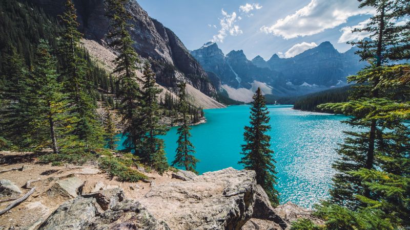 Moraine Lake, Canada, Banff National Park, Valley of the Ten Peaks, Turquoise water, Landscape, Mountain range, Clouds, Scenery, Sunny day, Wallpaper